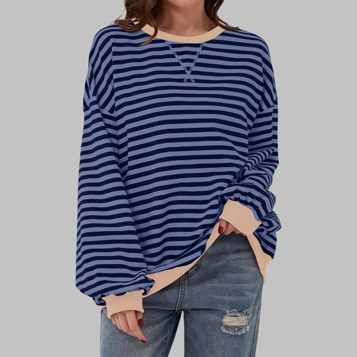 Casual Long Sleeve Round Neck Striped Sweatshirt