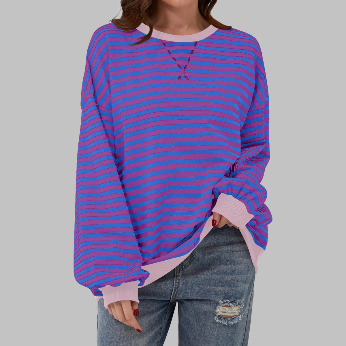 Casual Long Sleeve Round Neck Striped Sweatshirt