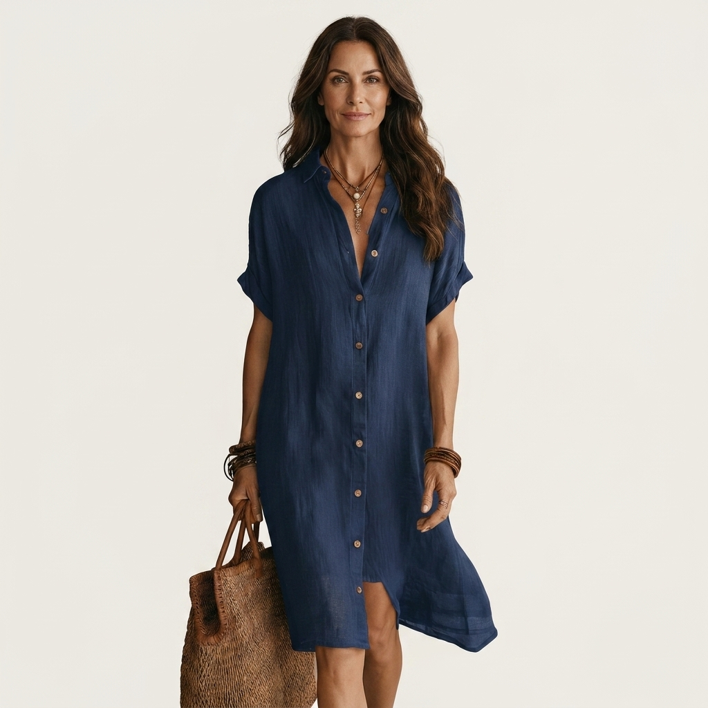 Nidalie | Linen Midi Shirt Dress with Rolled Cuffs